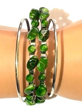 Green Beaded Silver-Tone Multi-Strand Bracelet by